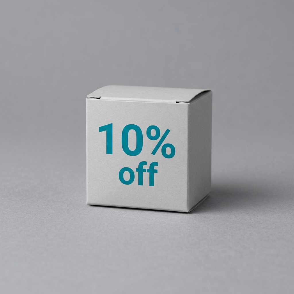 Small gray box with blue text reading '10% off'